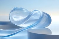 Elegant curved blue glass or acrylic wave form on light background creates modern minimalist composition with soft shadows and reflections.