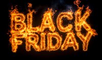 Burning text Black Friday in bright orange flames against dark background, dramatic fire effect creates glowing letters for seasonal sale promotions.