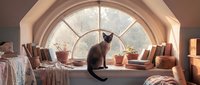 A brown tabby cat sits on a sunlit windowsill in a cozy bedroom with arched architecture, surrounded by potted plants and warm furnishings for home decor and pet lifestyle content.
