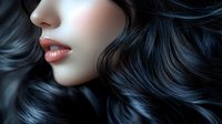 Young woman with luxurious dark wavy hair and glossy lips in beauty portrait showcasing healthy hair care and cosmetic treatments for salon advertising.