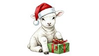 Adorable white lamb wearing red Santa hat with gift box on transparent background. Holiday Christmas animal illustration for festive designs and greeting cards.