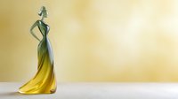 Elegant female figurine with flowing yellow to green gradient dress standing gracefully against soft golden background, perfect for home decor.