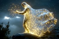 Glowing ethereal female figure in flowing dress stands on mountain peak at night, radiating magical light particles and sparkles against cloudy starlit sky.
