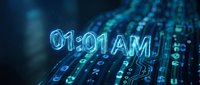 Glowing digital clock showing 01:01 AM on dark blue tech background with flowing binary code and circuit patterns.