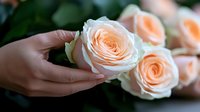 Delicate peach roses held gently by feminine hands against dark background, soft focus floral composition showing tenderness and care in garden setting.