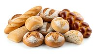 Fresh assorted bread rolls and baguettes isolated on white background for bakery menu design and culinary projects.