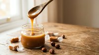Golden caramel sauce dripping from wooden spoon into glass jar on rustic table with coffee beans and sugar cubes in warm natural light for dessert recipes.