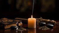 Mystical fortune telling setup with burning candle, tarot cards, crystals and occult symbols on wooden table creating atmospheric divination scene.