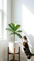 Curious calico cat sniffing a fiddle leaf fig plant in a bright modern interior with natural sunlight and white walls.