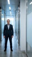 Confident middle-aged Caucasian businessman in dark suit standing in modern office corridor with glass walls and fluorescent lighting for corporate concepts.