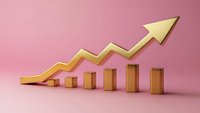 Golden upward trending arrow with bar chart on pink background showing business growth and financial success.