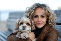 Young blonde woman holding small dog outdoors in autumn sweater. Portrait of pet owner with curly hair embracing adorable puppy for lifestyle content.