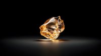 Glowing amber crystal floating on dark background with dramatic lighting and reflection. Luxury gemstone with faceted surface creates ethereal atmosphere.