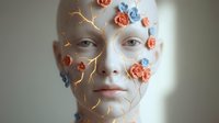 Futuristic portrait of young woman with glowing golden circuits and colorful floral elements on face representing technology and nature fusion concept.