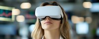Young woman wearing virtual reality headset with blurred office background, experiencing immersive technology in modern workspace environment.