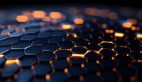Glowing hexagonal pattern with orange light shining through dark metallic honeycomb structure creates futuristic technology background with depth of field effect.