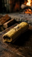 Rolled parchment scroll tied with twine rests on weathered wood surface with blurred fireplace and flames in background, evoking medieval manuscript and historical document themes.