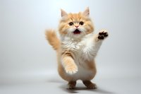 Playful ginger Persian cat standing on hind legs with raised paw against white background, showing tongue in amusing pose, isolated studio shot.