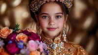 Young girl wearing ornate golden crown and jewelry holds colorful bouquet with roses and mixed flowers against soft bokeh background, expressing joy and elegance.