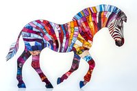 Colorful mosaic zebra silhouette with vibrant rainbow stripes and patterns creating a dynamic patchwork effect on white background, suitable for modern wall art and design.