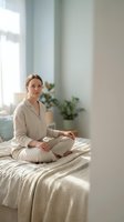 Young woman in beige pajamas sitting cross-legged on bed in bright morning sunlight. Peaceful bedroom interior with plants and natural lighting.