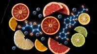 Fresh citrus fruit slices with blueberries and molecular structures on dark background for healthy nutrition and vitamin C antioxidant concepts.