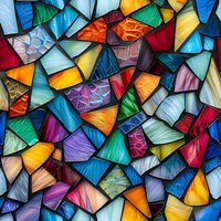 Colorful stained glass mosaic pattern with irregular geometric shapes in vibrant blue, red, yellow, purple and green hues creating abstract artistic background.