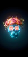 Glowing neon skull with pink roses and floral crown against dark background, combining gothic and romantic elements in modern artistic style.