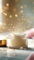 Luxury cosmetic cream jar with golden glitter particles floating above, creating magical atmosphere for skincare advertising.