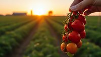 Hand holding fresh ripe cherry tomatoes at sunset in agricultural field with rows of crops. Organic farming harvest concept for healthy food production.