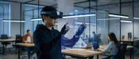 Young Asian businessman using virtual reality headset interacting with holographic interface in modern office environment for technology training.
