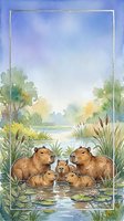 Watercolor capybara family relaxing in a tranquil pond surrounded by lush greenery, reeds, and water lilies, with a soft blue sky and silver frame border.