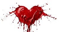 Red liquid heart shape with dynamic splashes and drips isolated on white background for romantic design projects and Valentine's Day concepts.