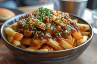 Golden french fries topped with rich brown gravy, melted cheese curds and fresh chopped parsley in dark ceramic bowl, classic comfort food dish served hot.