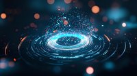 Glowing blue spiral ring with particles and bokeh effects on dark background creates futuristic technological atmosphere for digital concept designs.