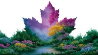 Enchanting forest landscape shaped as maple leaf silhouette with vibrant purple and pink sky, colorful autumn trees, wildflowers, and tranquil stream flowing through lush scenery.