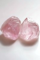 Raw rose quartz crystals with natural geometric shapes and translucent pink hue on white background, showing mineral structure and light reflection properties.