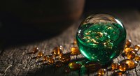 Green crystal ball with golden sparkles surrounded by amber gems on rustic wooden surface creating mystical fortune telling atmosphere for spiritual practices.