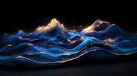 Luminous mountain landscape with glowing peaks and flowing blue waves against dark background, golden light and sparkles create magical atmosphere.