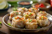 Steamed dumplings filled with shrimp and vegetables garnished with green onions served on rustic ceramic plate, selective focus on Asian appetizers.