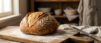 Freshly baked artisan sourdough bread loaf with golden crust on wooden cutting board in rustic kitchen setting with natural lighting and flour dusting.