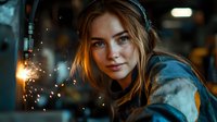 Young female welder in protective gear with sparks flying in industrial workshop setting. Dark atmospheric lighting creates dramatic mood with orange welding glow.