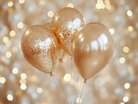 Elegant rose gold balloons with glitter and metallic finish against blurred bokeh background, creating luxurious festive atmosphere for celebrations and events.