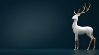 Elegant white deer figurine with golden antlers and hooves standing against dark blue background, perfect for luxury holiday decor.