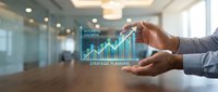Business professional presenting holographic growth chart with upward trending arrows in modern office environment for strategic planning and financial analysis.