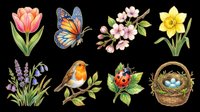 Spring clipart set with tulip, butterfly, cherry blossom, daffodil, lavender, robin bird, ladybug, and nest. Isolated on transparent background for stickers, T-shirts, print on demand.