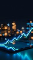 Glowing neon arrow chart rising upward from smartphone screen with blurred city lights bokeh background representing business growth and success.