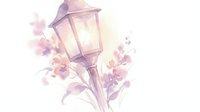 Vintage street lamp with blooming flowers in soft purple and pink tones, isolated on white background. Suitable for greeting cards, wall art, and design projects.