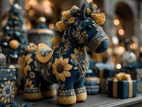 Decorative blue horse figurine with golden floral patterns surrounded by matching gift boxes and warm bokeh lights for festive holiday celebrations.