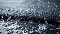 Macro view of water droplets on dark waterproof textile fabric showing hydrophobic properties and water resistance for outdoor gear.